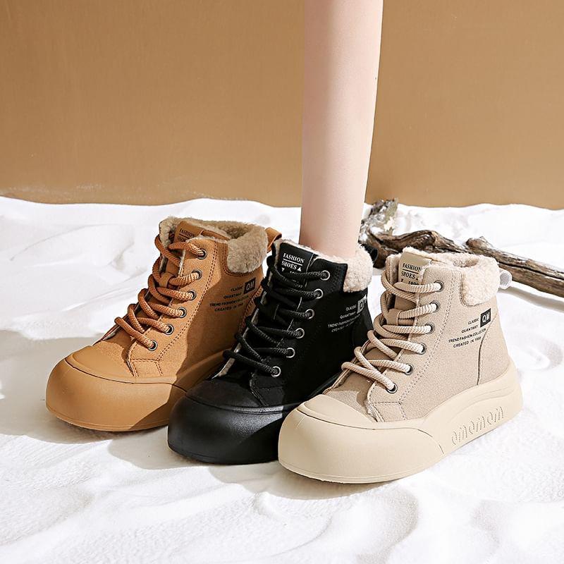 Platform Fleece-Lined Lace Up Short Boots Product Image