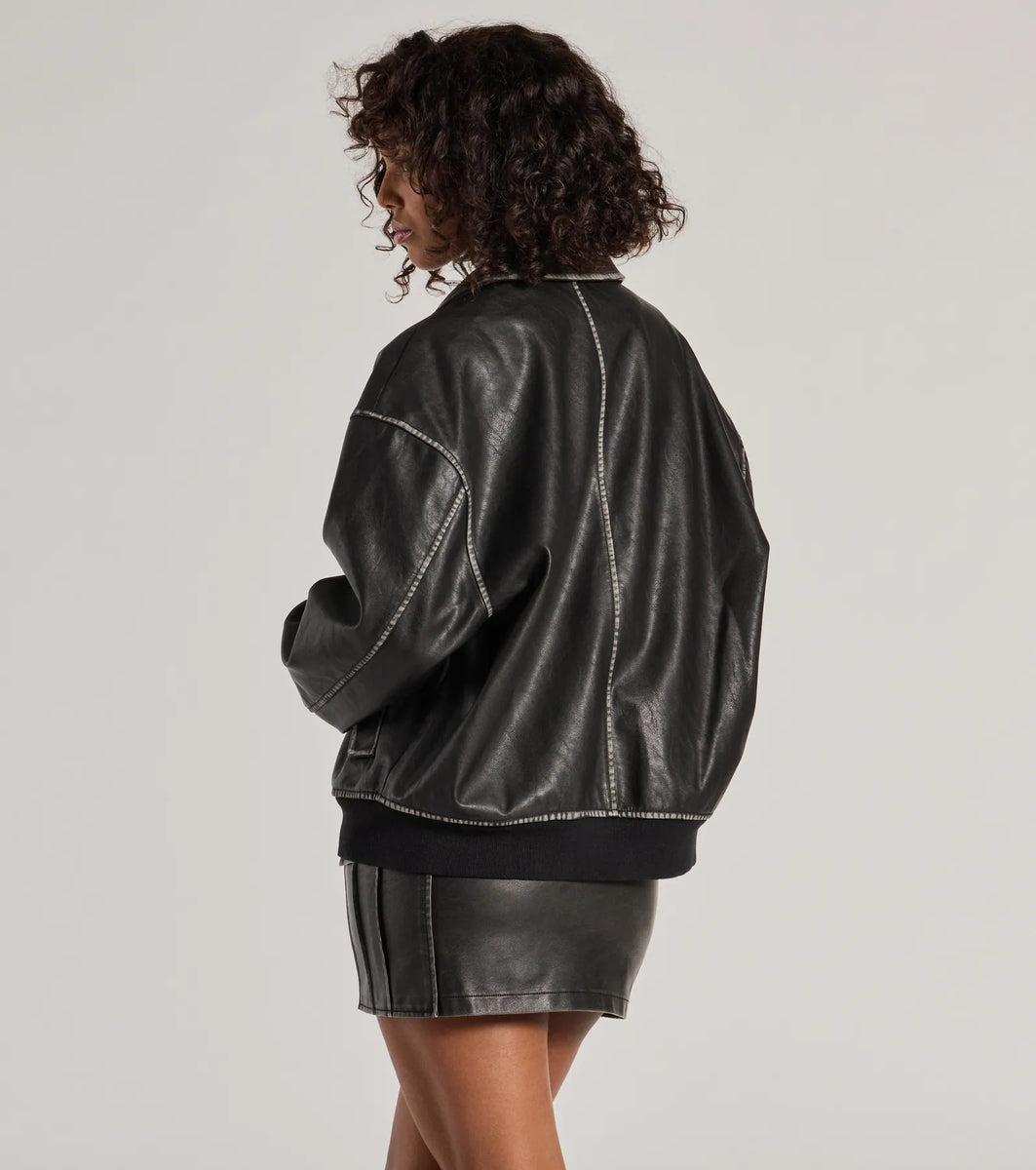 Vintage Chic Faux Leather Oversized Bomber Jacket Product Image