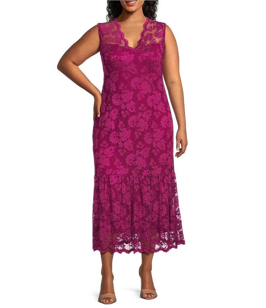 Marina Plus Size Sleeveless V-Neck Scalloped Lace Midi Dress Product Image