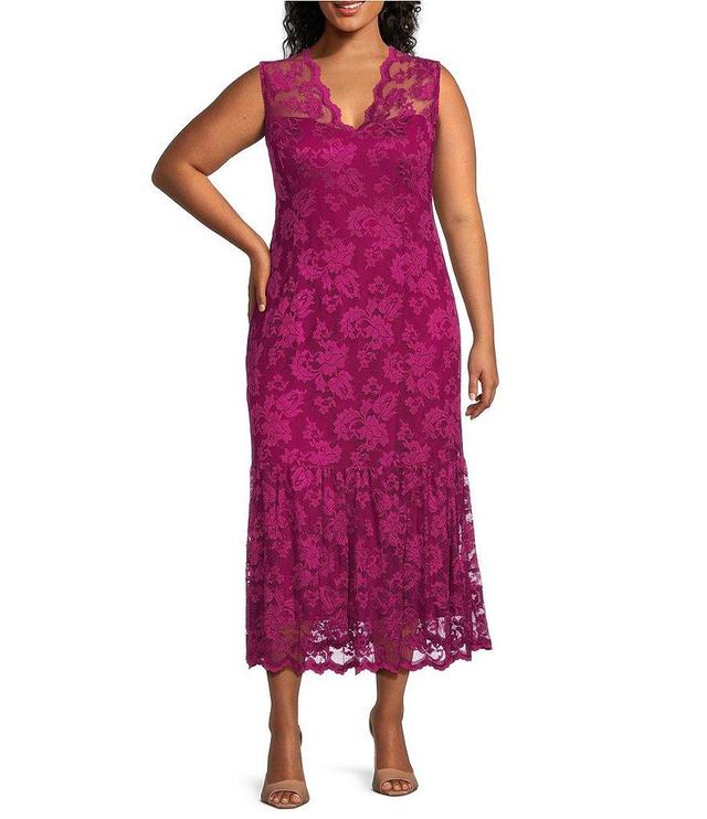 Marina Plus Size Sleeveless V-Neck Scalloped Lace Midi Dress Product Image