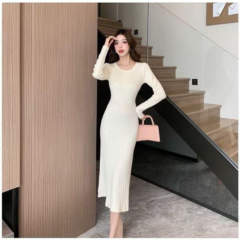 Long-Sleeve Crew Neck Plain Midi Sheath Knit Dress Product Image