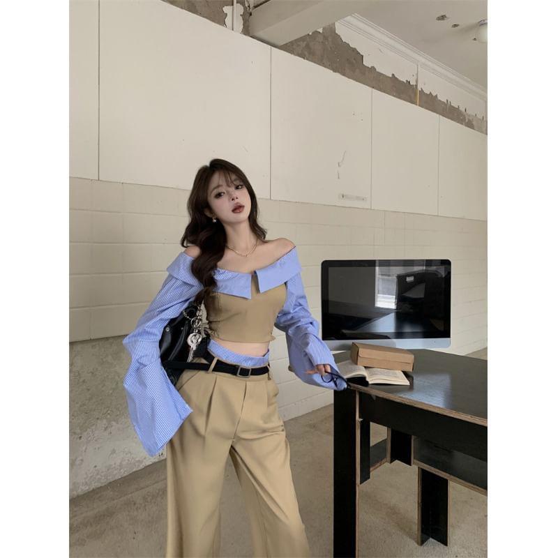 Long-Sleeve Off-Shoulder Mock Two-Piece Striped Panel Crop Blouse / High Rise Wide Leg Slacks / Belt / Set Product Image