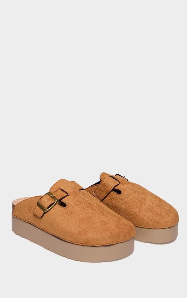 Tan Faux Suede Round Toe Slip On Platform Clogs Product Image