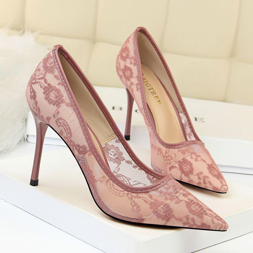 Stiletto Pointed Toe Lace Pumps Product Image