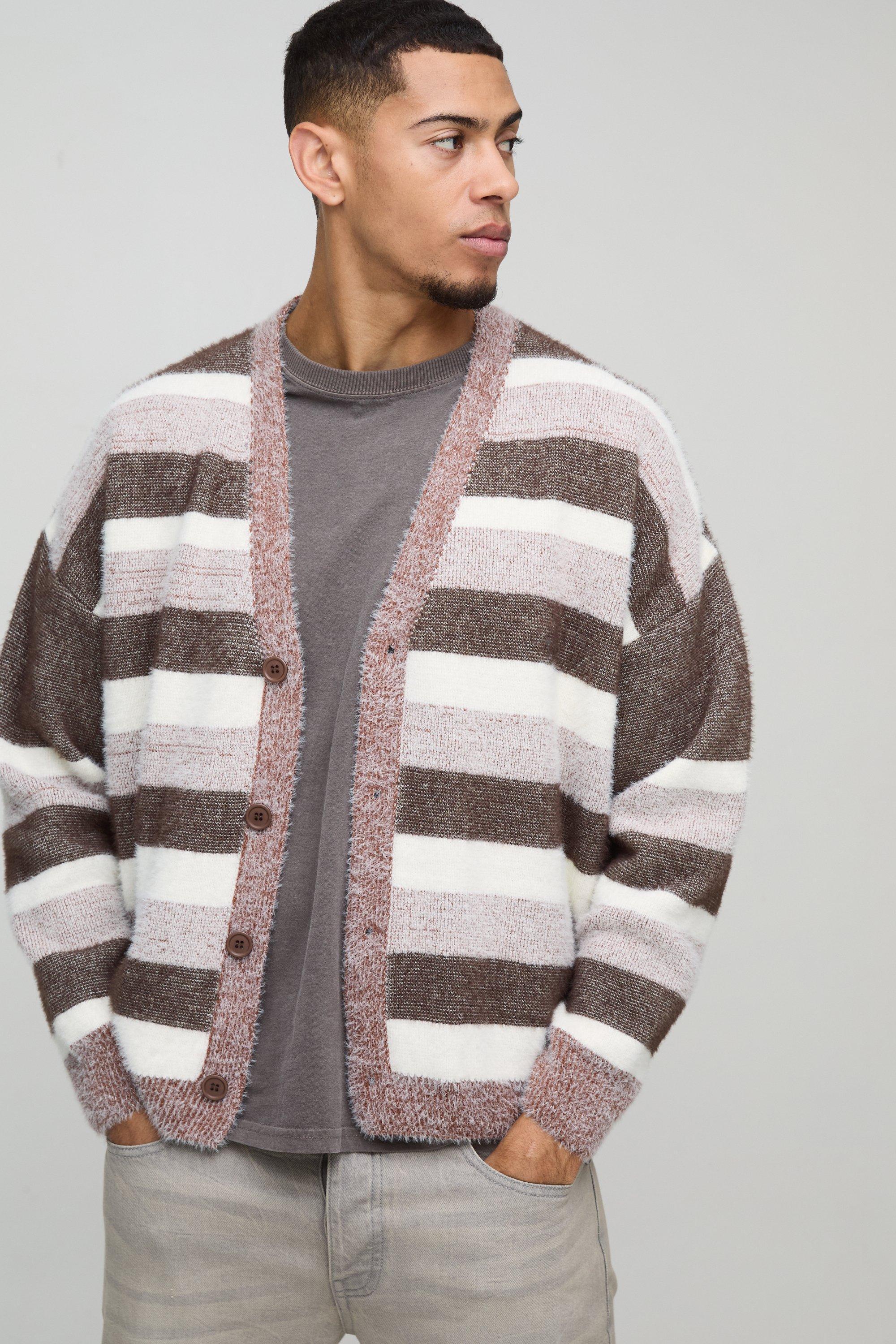 Oversized Dropped Shoulder Brushed Stripe Knitted Cardigan | boohooMAN USA Product Image