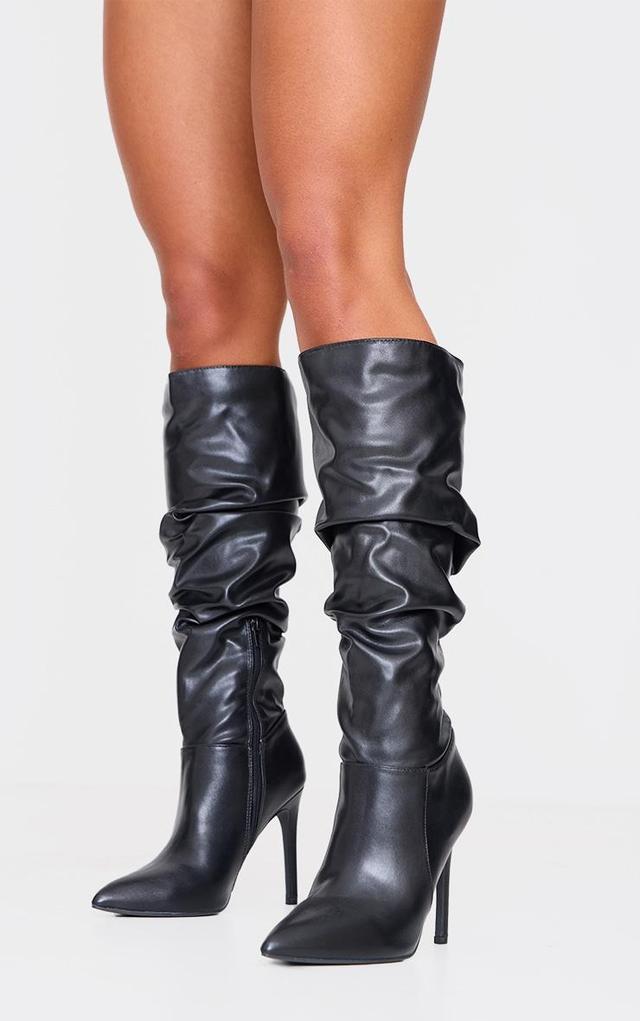 Black PU Point Toe Ruched High Stiletto Heeled Knee Boots Product Image