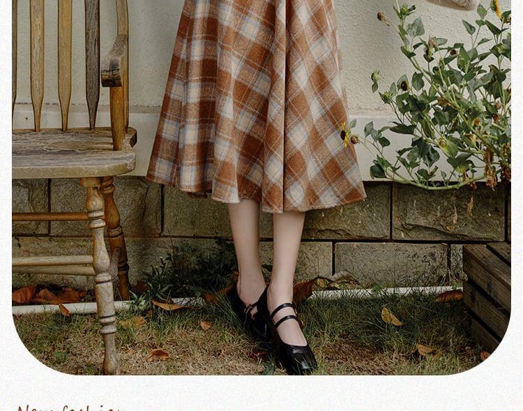 Set: Long-Sleeve Button-Up Plain Knit Top + High Rise Plaid Maxi A-Line Skirt Product Image