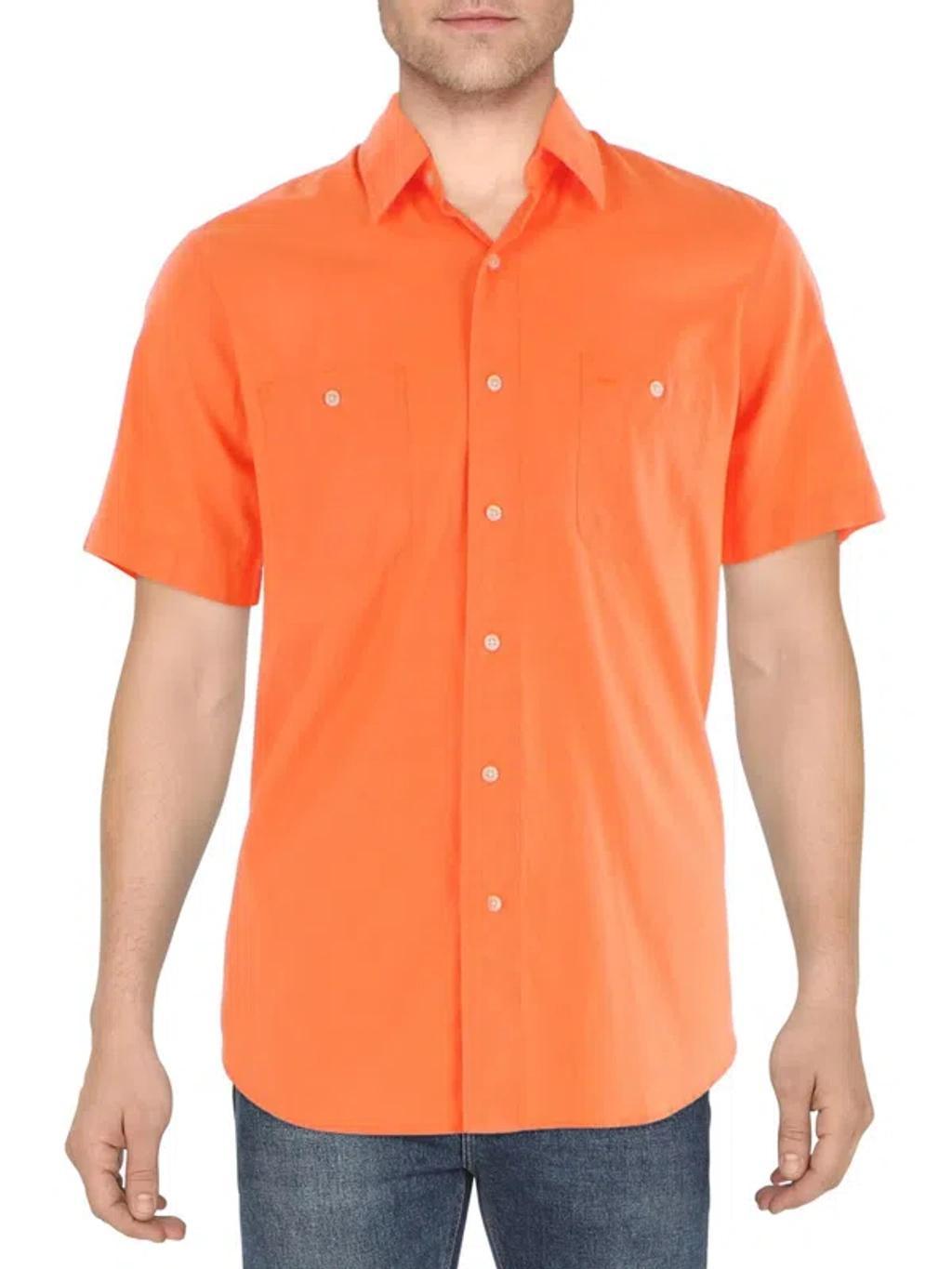 Mens Cotton Short Sleeve Button-down Shirt In Orange Product Image