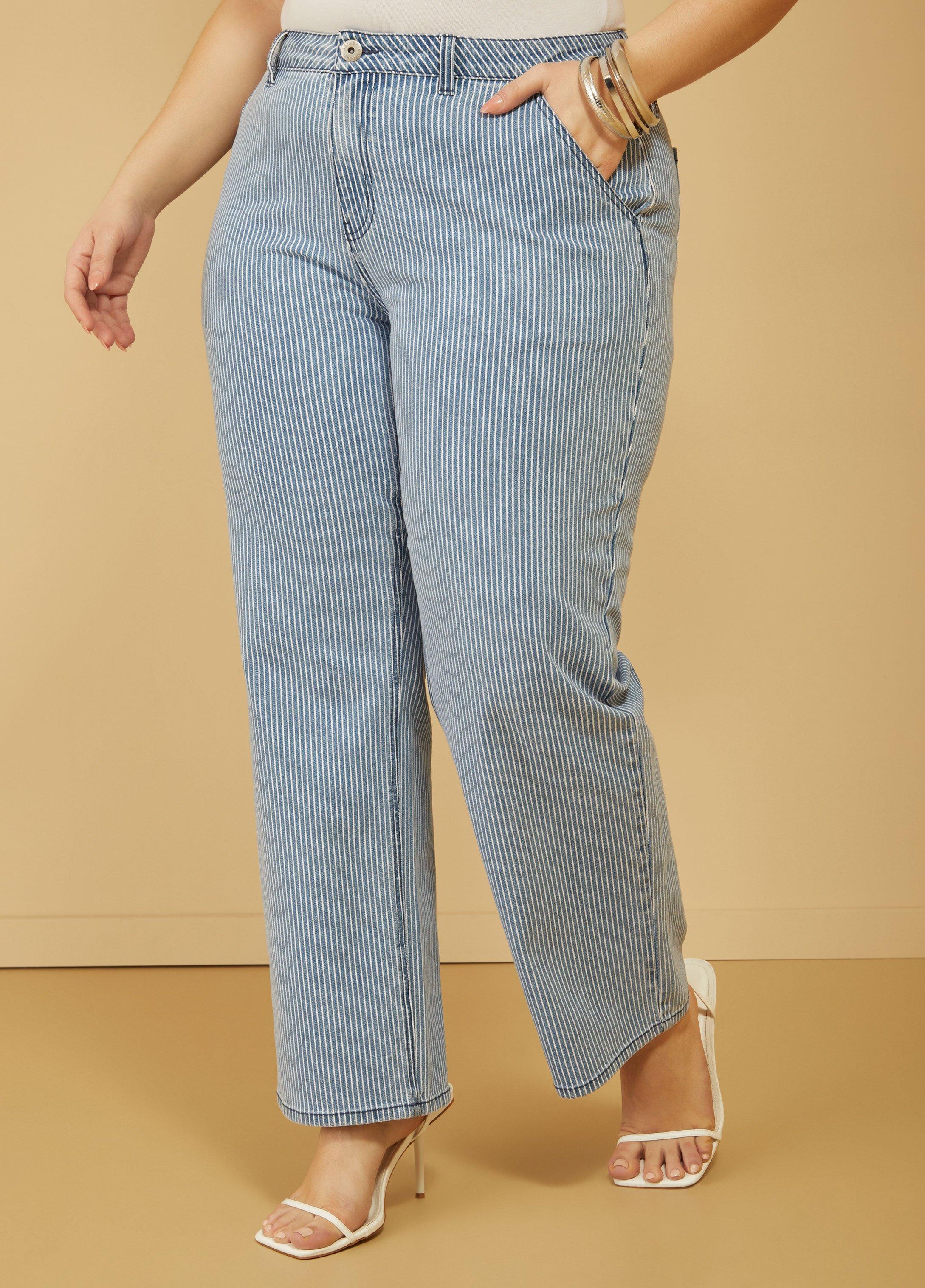 Pinstriped Straight Leg Jeans Product Image