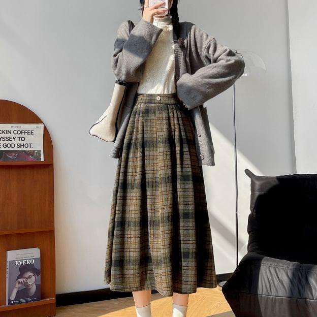 High Waist Plaid Midi A-Line Woolen Skirt Product Image