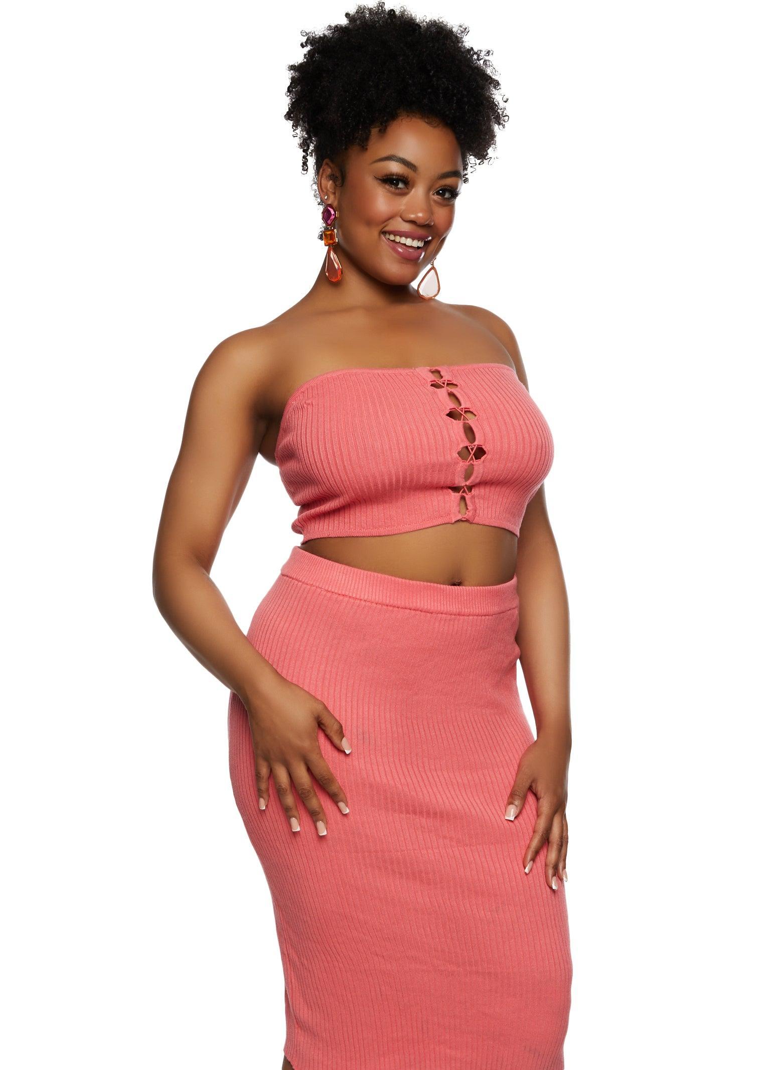 Womens Plus Size Almost Famous Lace Up Front Tube Top and Pencil Skirt Product Image