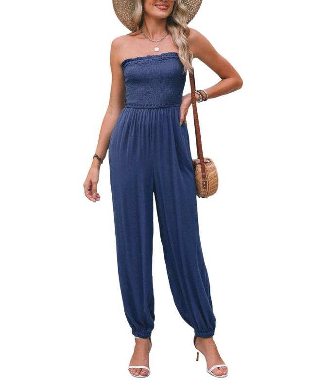 Cupshe Womens Blue Smocked Bodice Tube Top Tapered Leg Jumpsuit Product Image