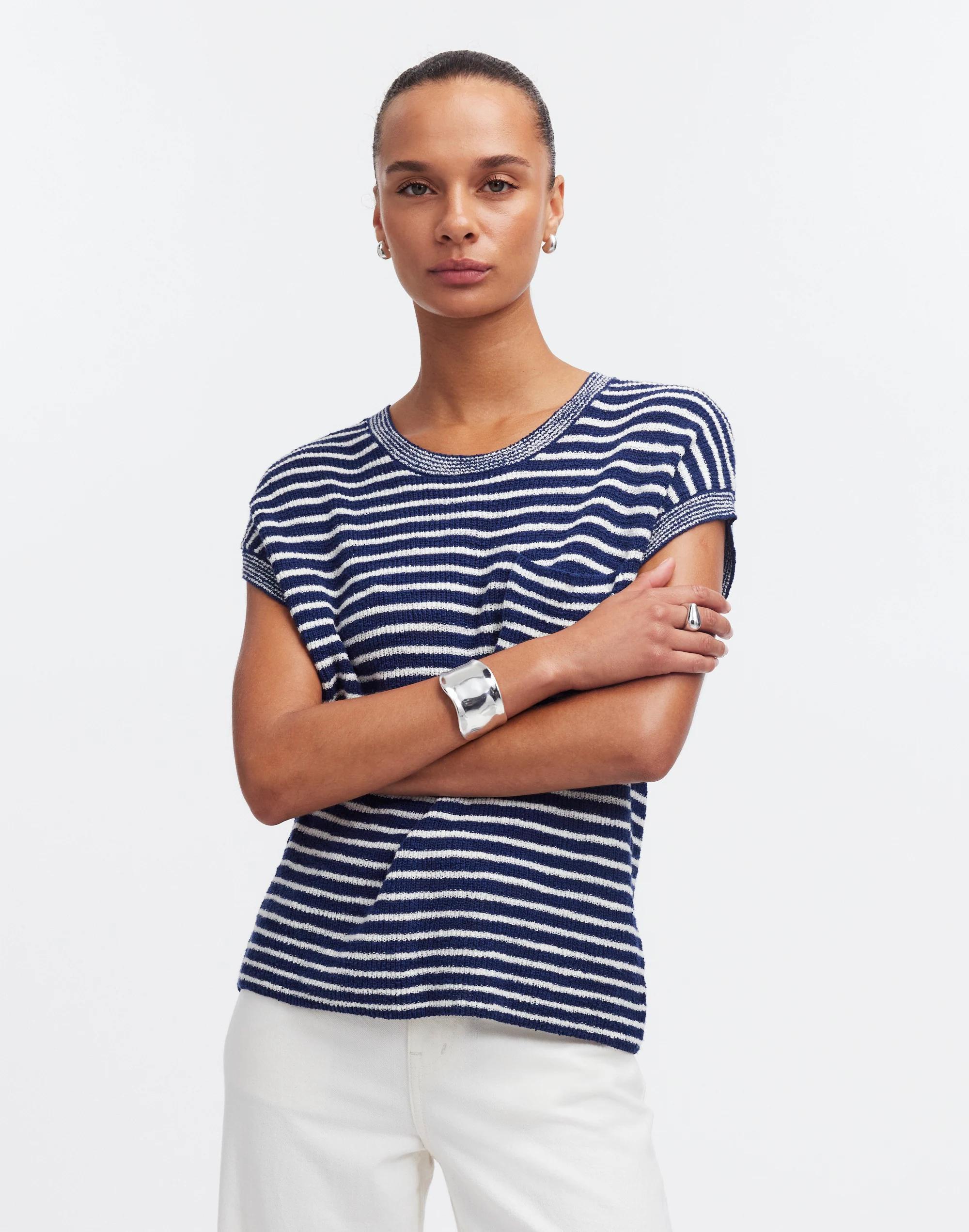 Ribbed Pocket Sweater Tee in Stripe Product Image