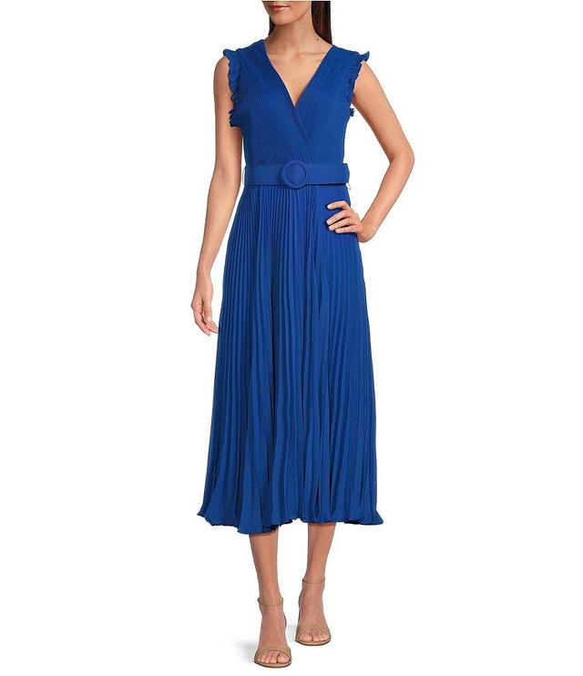 Taylor Pleated Surplice V Neckline Sleeveless Belted Midi Dress Product Image