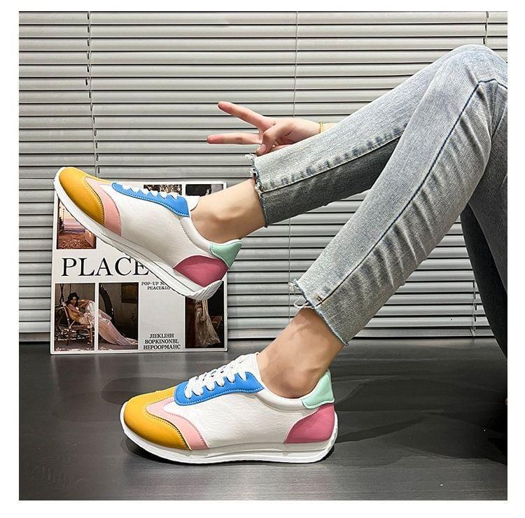 Color Block Lace-Up Faux Leather Sneakers Product Image