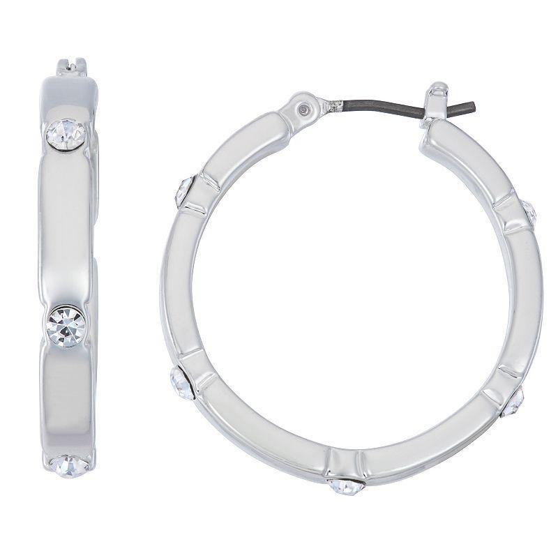 Nine West Silver Tone Small Hoop Earrings with Simulated Crystal Accents, Womens Product Image