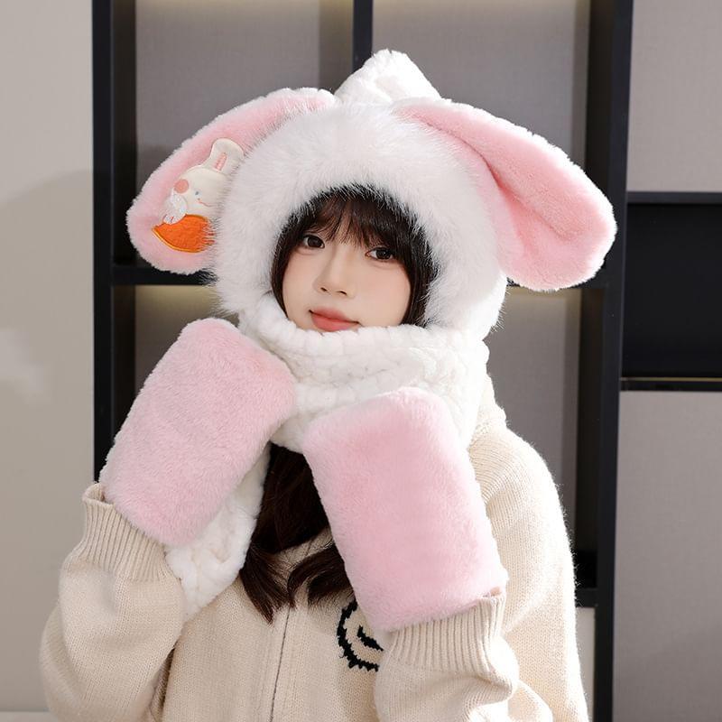 Rabbit Faux Fur Hooded Scarf with Mittens Product Image