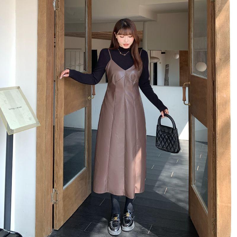 Faux Leather Midi Dungaree Dress Product Image