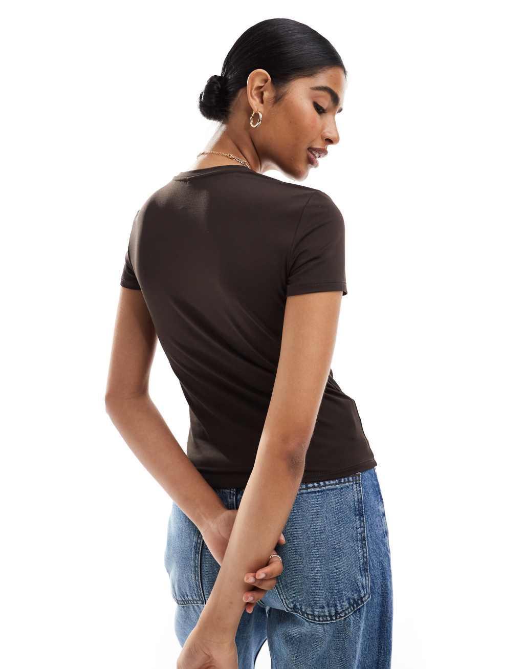 ONLY slinky seamless t-shirt in brown Product Image