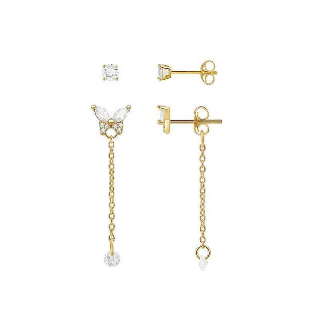 PRIMROSE 18k Gold Plated Butterfly & Cubic Zirconia Stud Earring Duo Set, Womens, Yellow Product Image