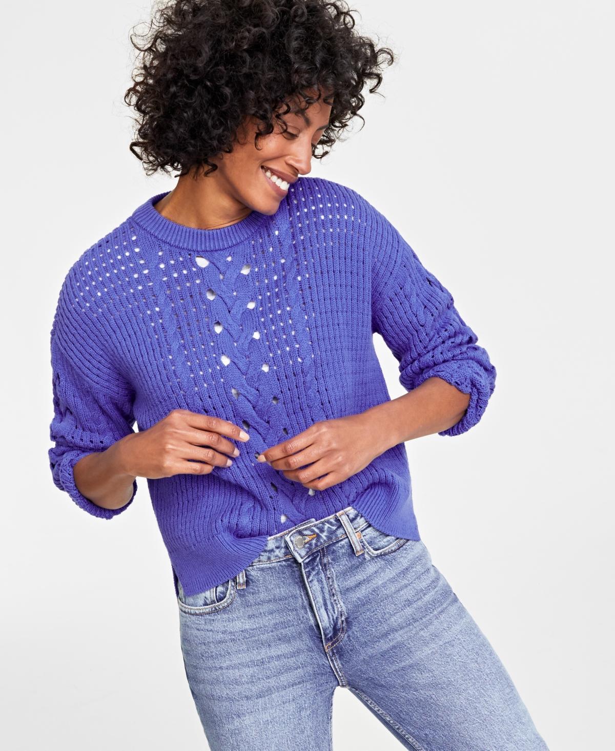 Women's Cable-Knit-Mesh Crewneck Long-Sleeve Sweater, Created for Macy's Product Image