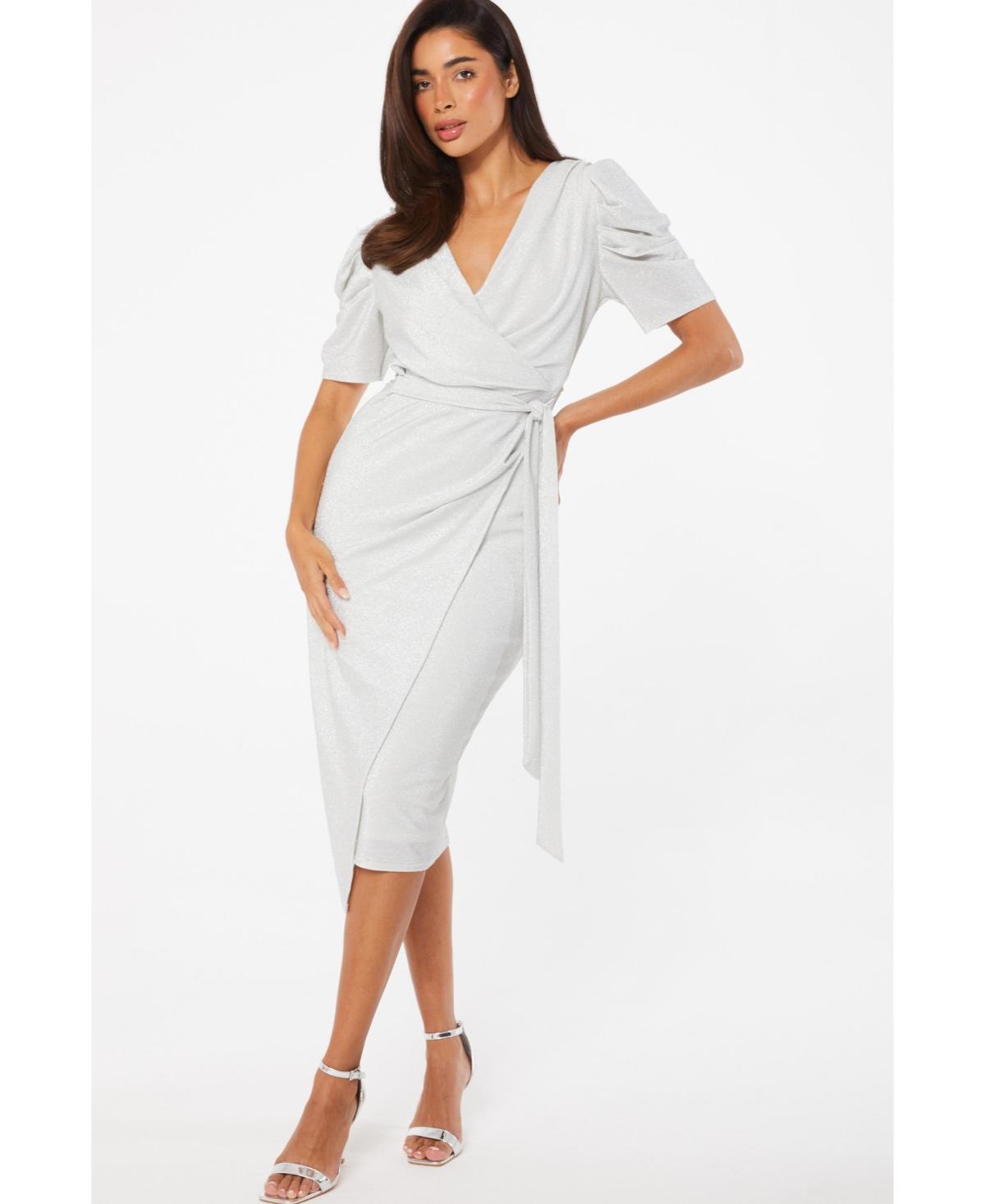 Quiz Womens Lurex Puff Sleeve Wrap Midi Dress Product Image