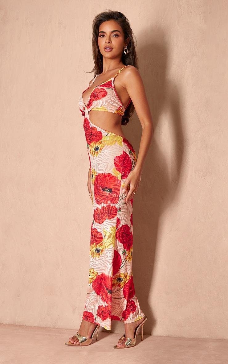  Red Floral Print Devore Cut Out Maxi Dress Product Image