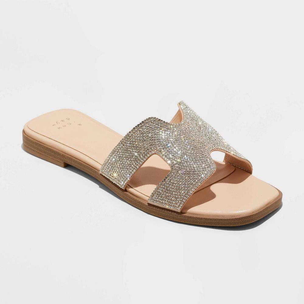 Women's Nina Rhinestone Flat Sandals - A New Day™ Silver 9 Product Image