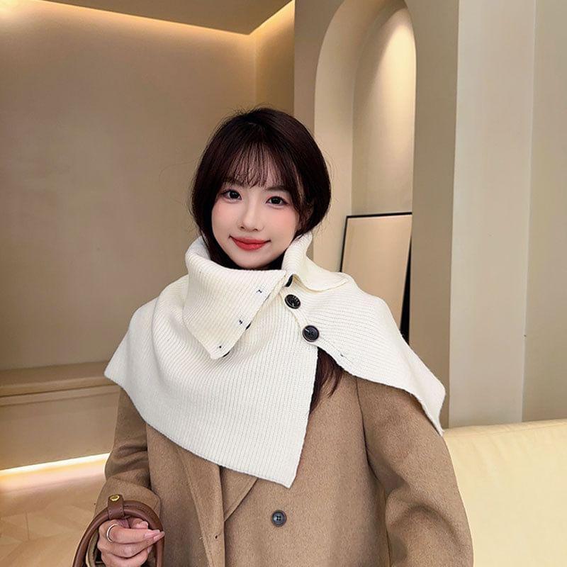 Plain Button-Up Ribbed Knit Scarf Product Image