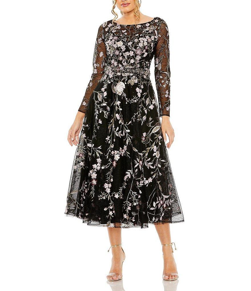 Mac Duggal Floral Embroidery Scoop Neckline Long Sleeve Fit and Flare Midi Dress Product Image