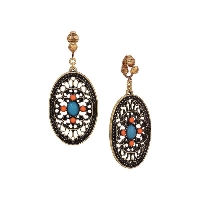 1928 Gold Tone Turquoise and Coral Enamel Filigree Oval Drop Clip-On Earrings, Womens Product Image