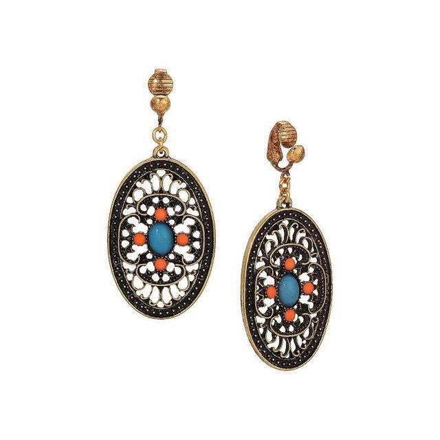 1928 Gold Tone Turquoise and Coral Enamel Filigree Oval Drop Clip-On Earrings, Womens, Turq/Blue Product Image