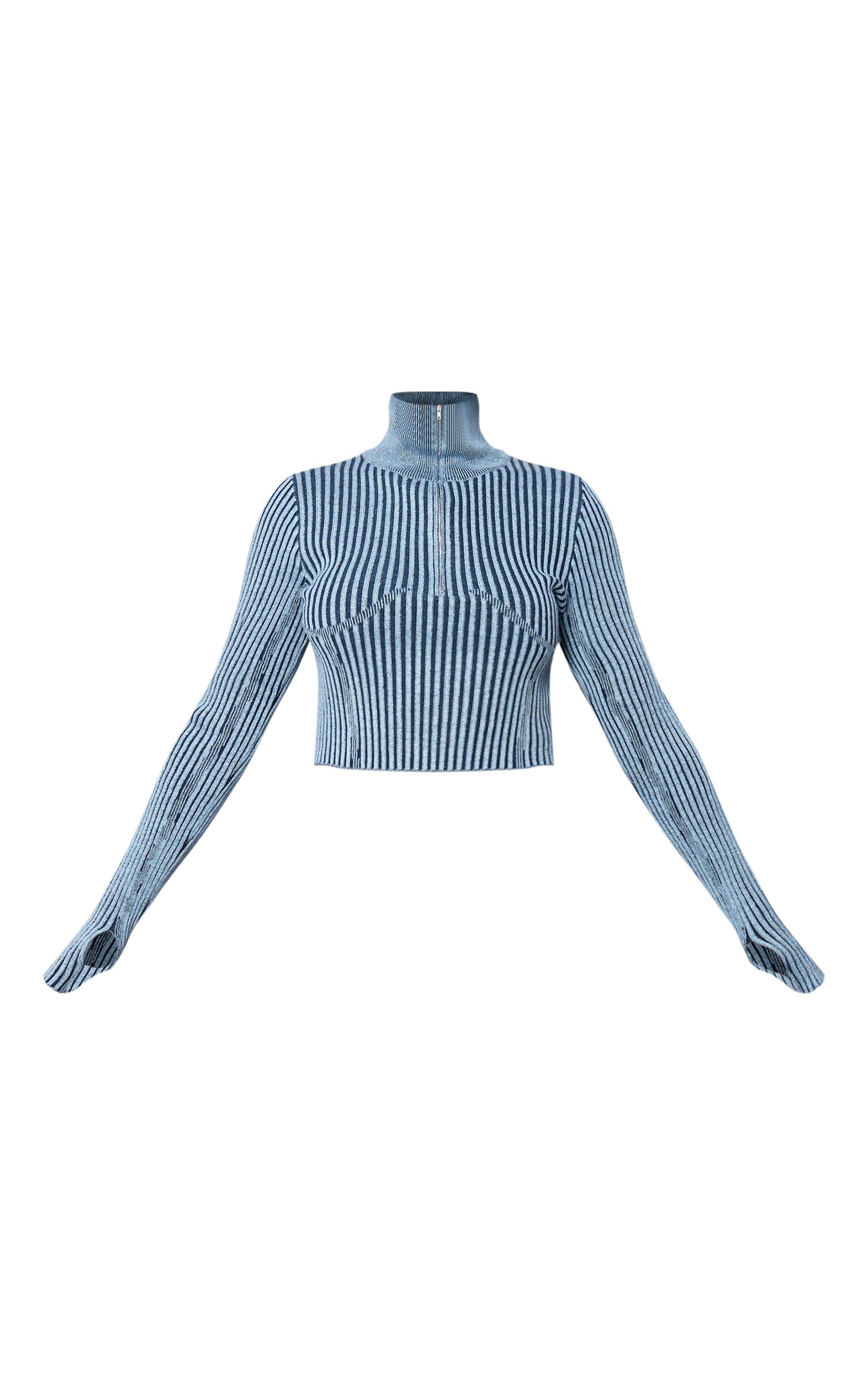 Blue Two Tone Chunky Rib Knit Underbust Detail Cropped Half Zip Product Image