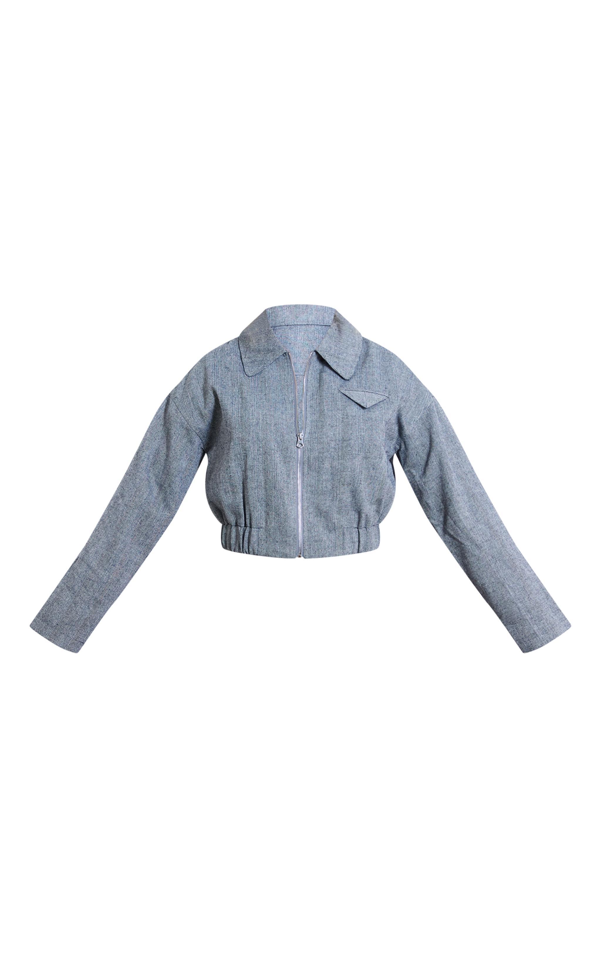 Grey Textured Collar Detail Cropped Bomber Jacket Product Image