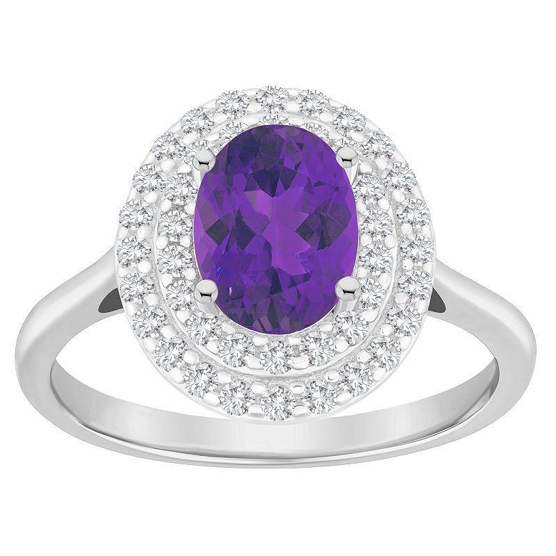 Celebration Gems Sterling Silver Oval-Cut Amethyst & White Topaz Double Halo Ring, Womens Purple Product Image