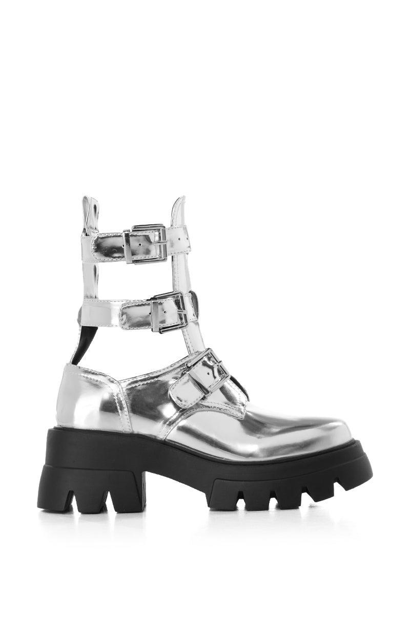 AZALEA WANG ATTICUS SILVER BUCKLE UP BOOTIE Product Image