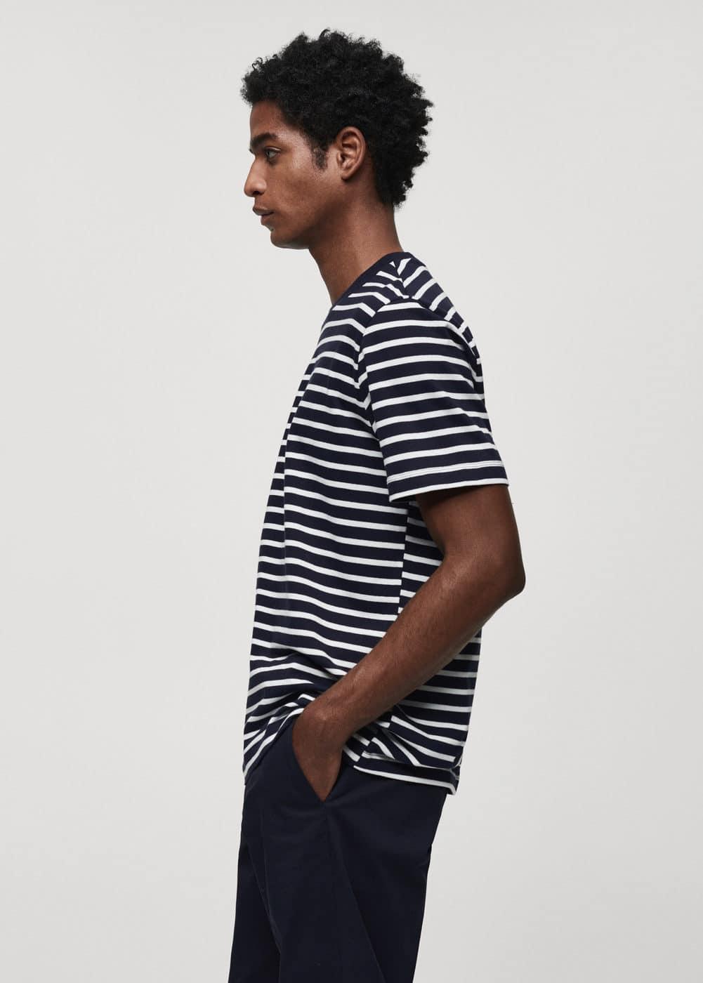 MANGO MAN - Striped cotton T-shirt dark navyMen Product Image