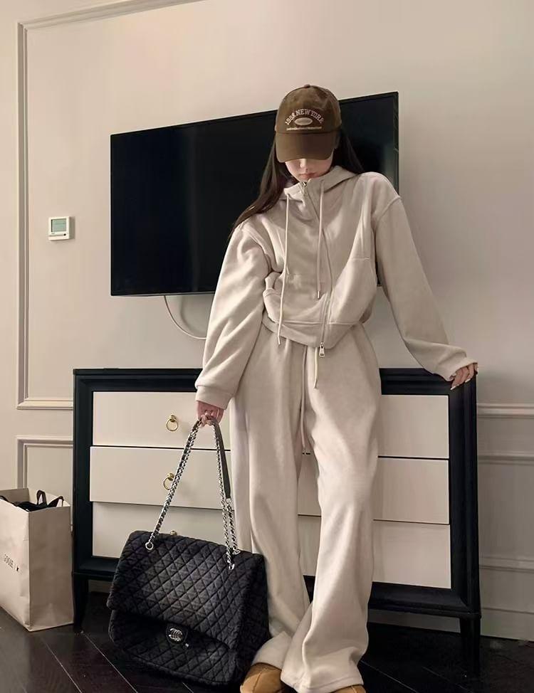 Zip-Up Plain Hoodie / High Waist Wide Leg Sweatpants Product Image