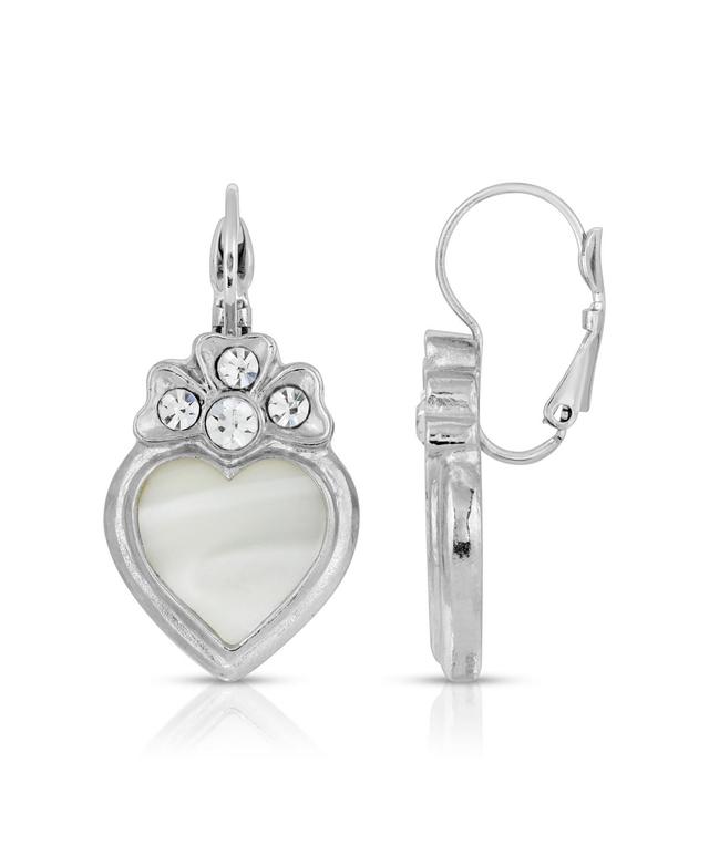 1928 Silver-Tone Crystal Genuine Mother Of Pearl Heart Earrings, Womens, White Product Image