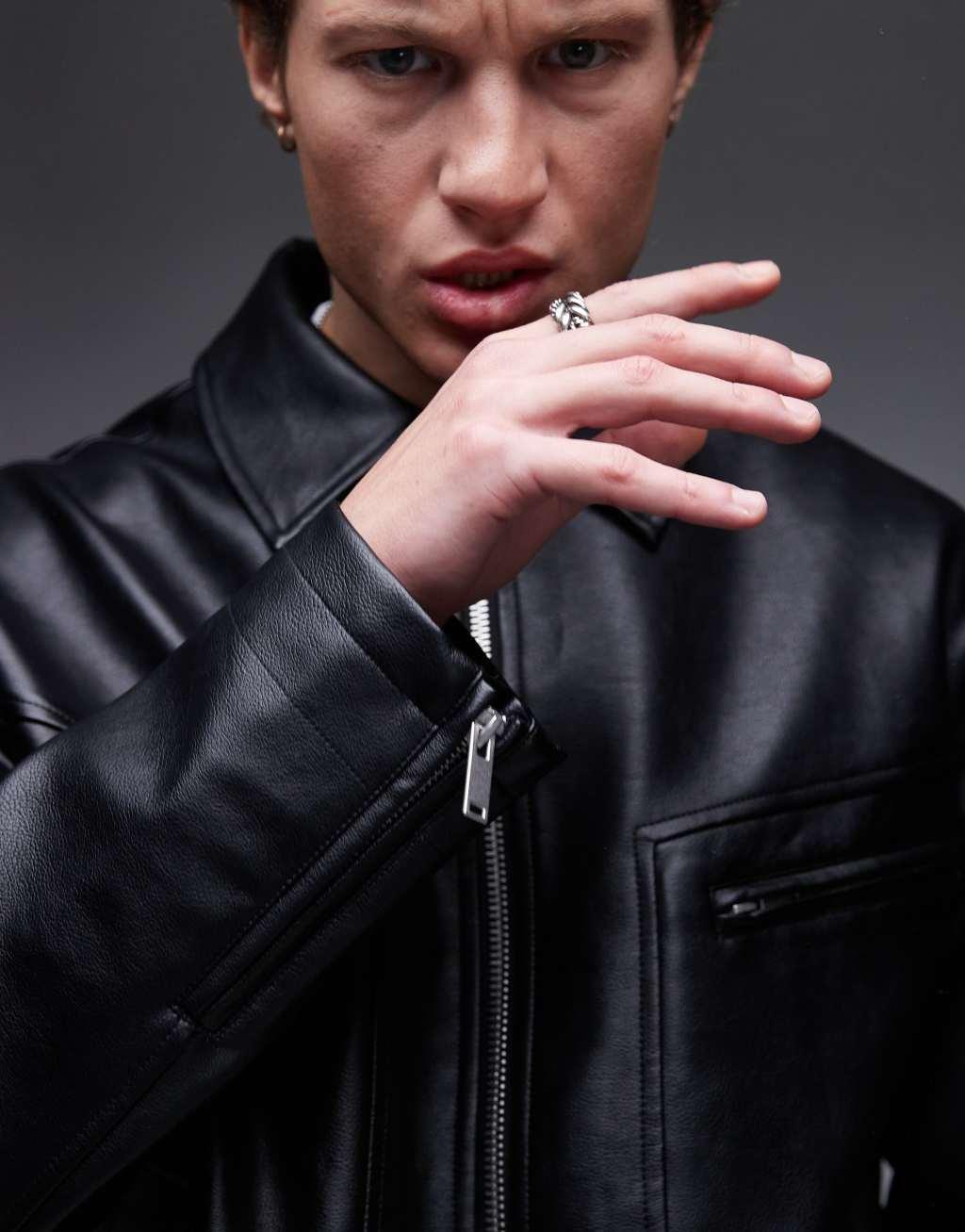 Topman faux leather bomber jacket in black Product Image