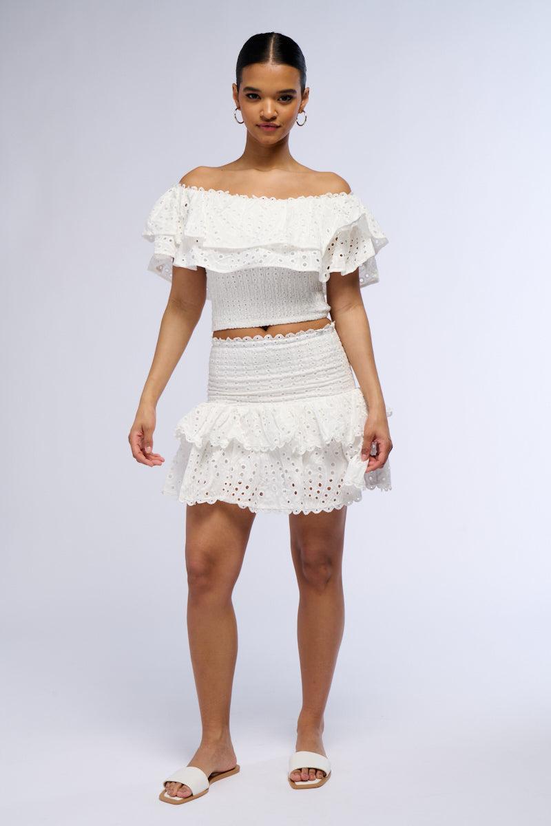 SUMMER LOVING TIERED RUFFLE MINI SKIRT IN WHITE Product Image