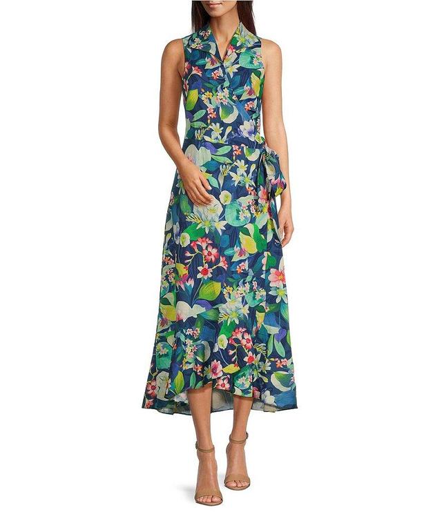 J.McLaughlin Miramar Floral Print Linen Spread Wing Collar Sleeveless Wrap Front A-Line Dress Product Image