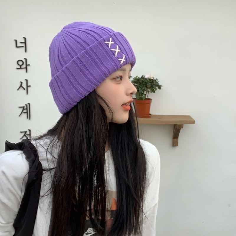 Cross Embroidered Ribbed Beanie Product Image