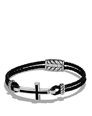 Mens Exotic Stone Cross Black Leather Bracelet with Black Onyx Product Image