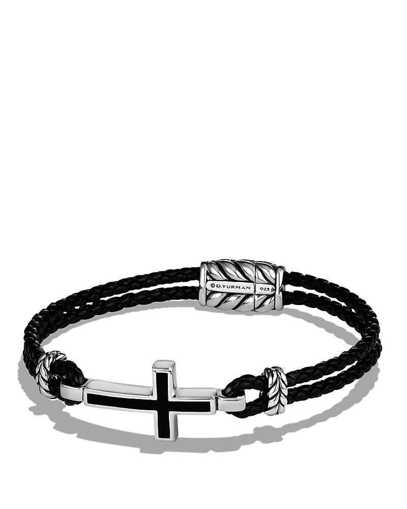 Mens Exotic Stone Cross Black Leather Bracelet with Black Onyx Product Image