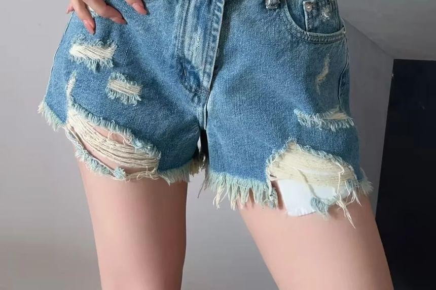 Low Rise Distressed Denim Hot Pants Product Image