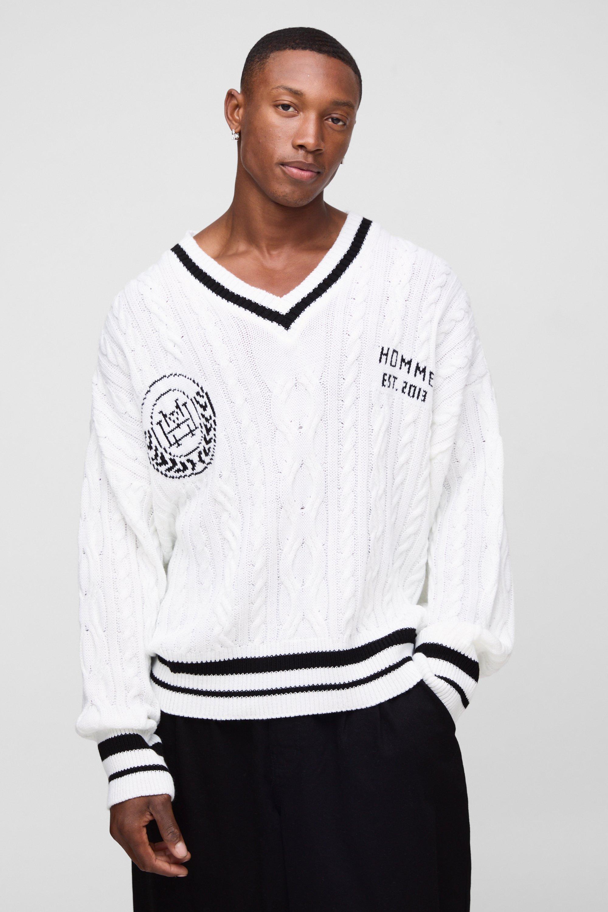 Oversized V Neck Varsity Sweater | boohooMAN USA Product Image