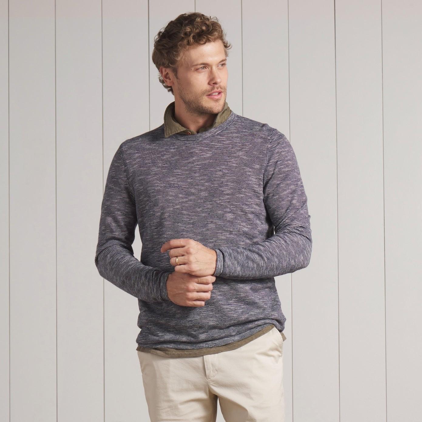 Marl Linen Cotton Sweater Crew - Navy Blue Product Image