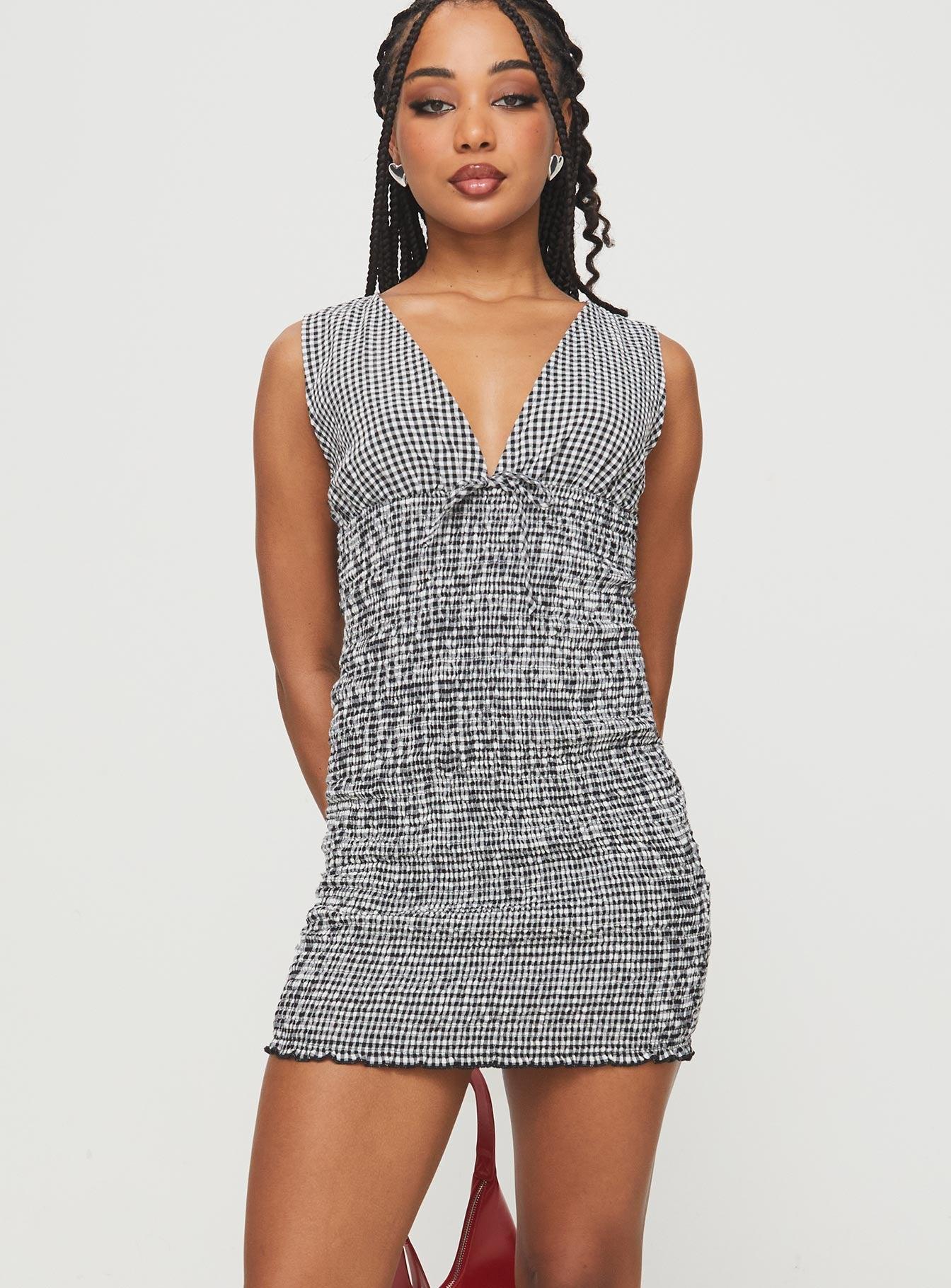 Solving Shirred Mini Dress Black Gingham Product Image