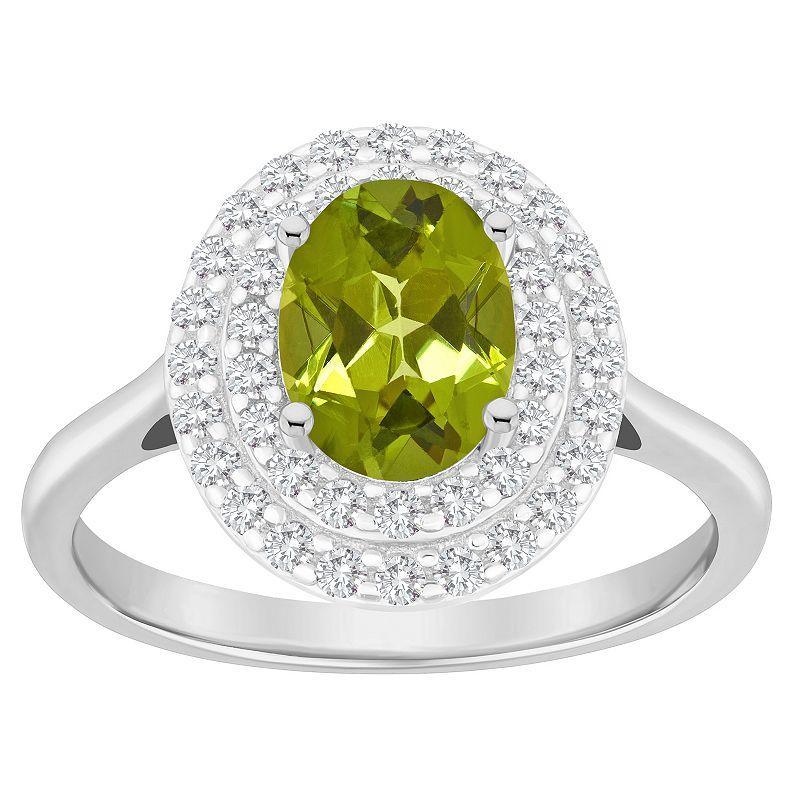 Celebration Gems Sterling Silver Oval-Cut Peridot & White Topaz Double Halo Ring, Womens Green Product Image